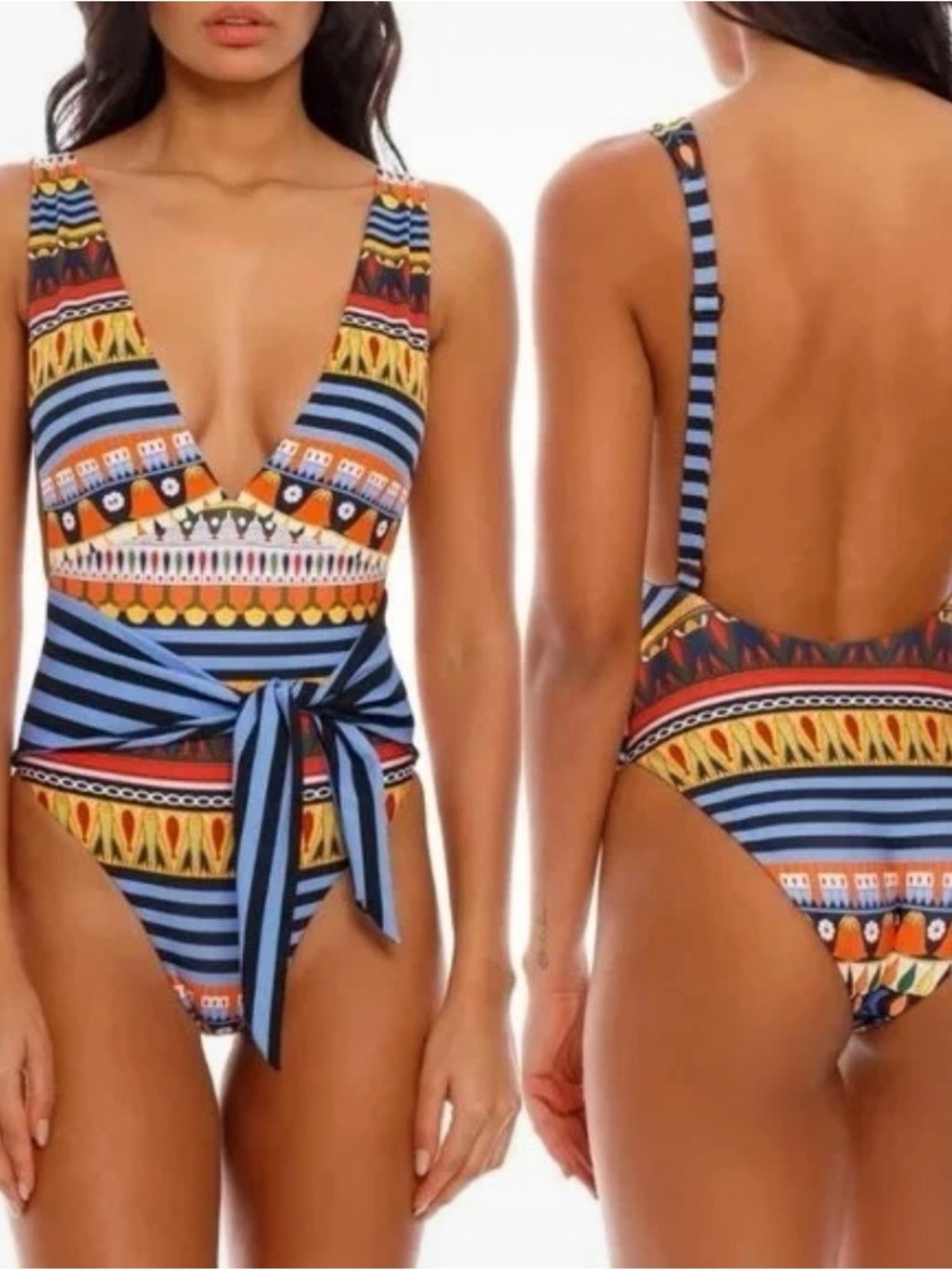 Agua Bendita Florentina One Piece Swimsuit size M Tie Front Bold Print